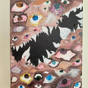 Surreal Brown and Black Painting with Disembodied Eyes
